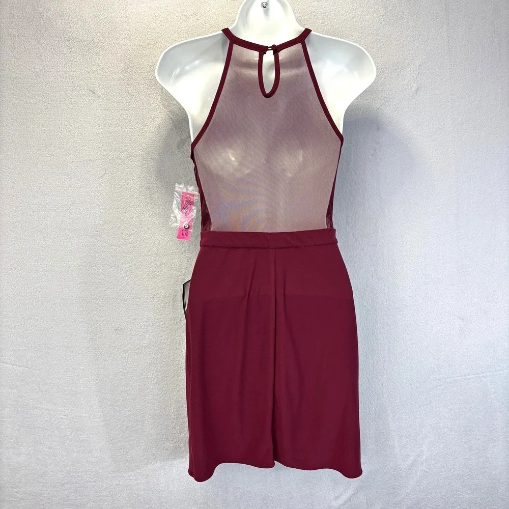 NWT Morgan & Co Lace Sequin Cutout Dress Juniors 5‎ Merlot Red Halter Party NEW